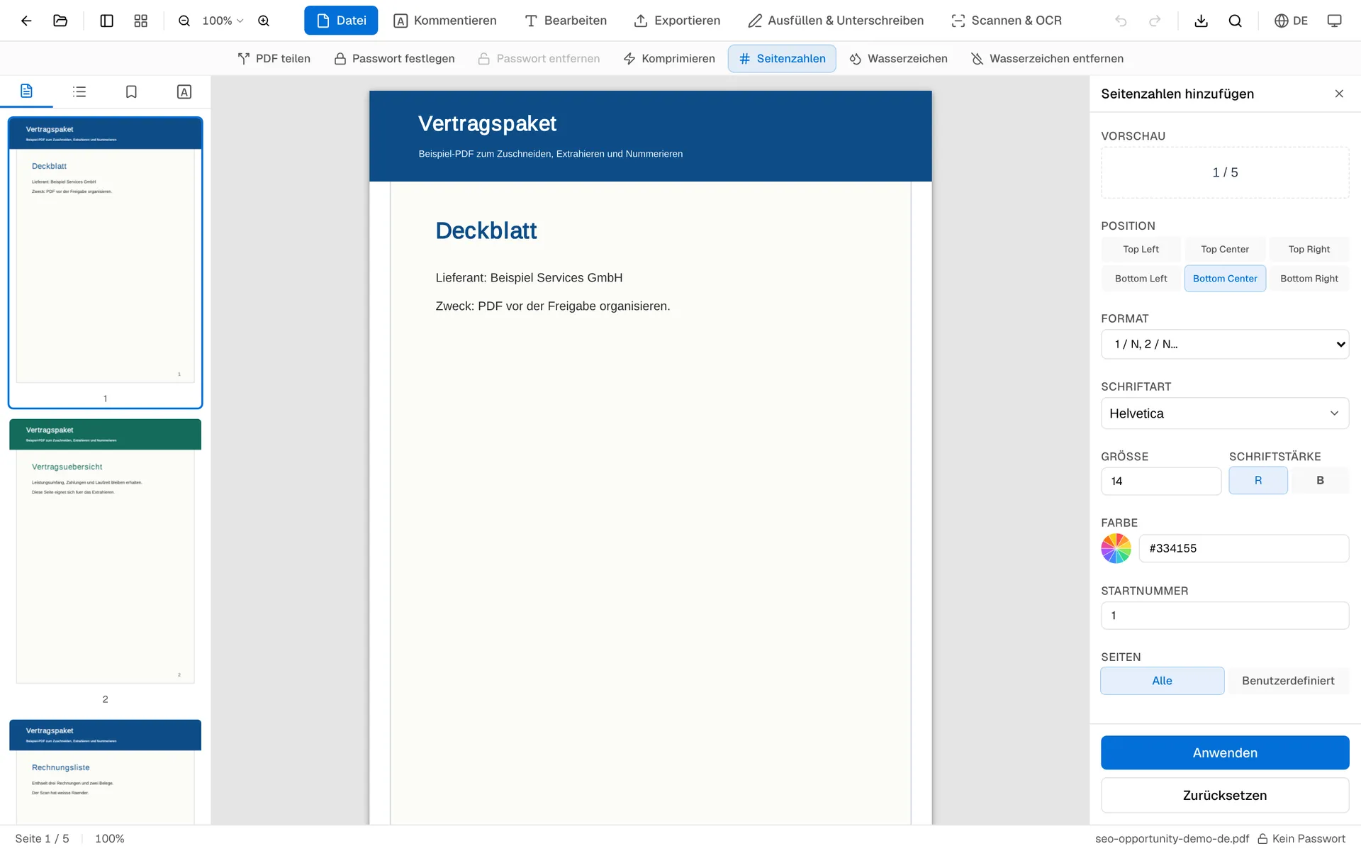 OnePDFs Seitenzahlen-Panel mit Position, Format, Schrift und Startnummer
