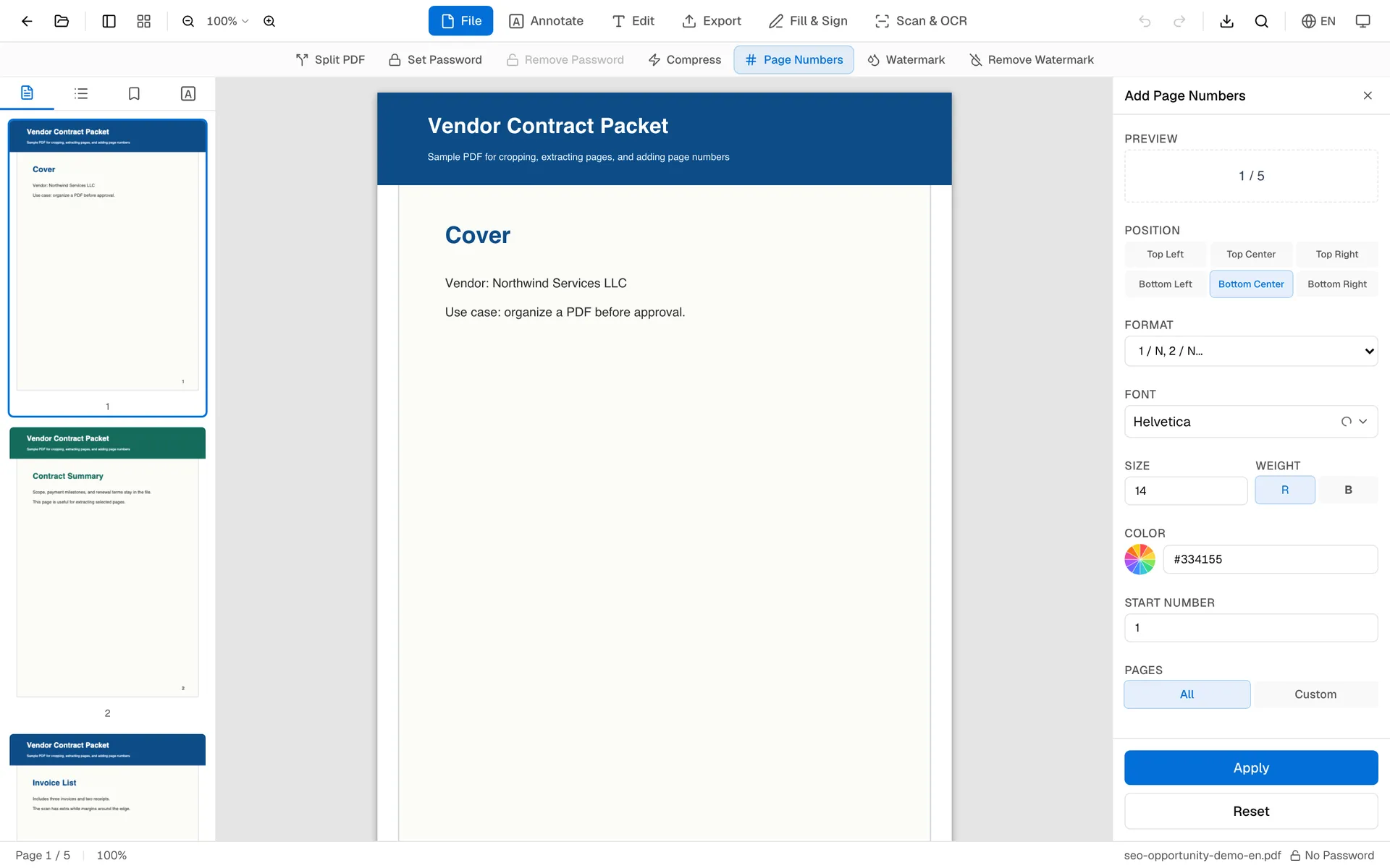 OnePDFs page number panel showing position, format, font, and starting number controls