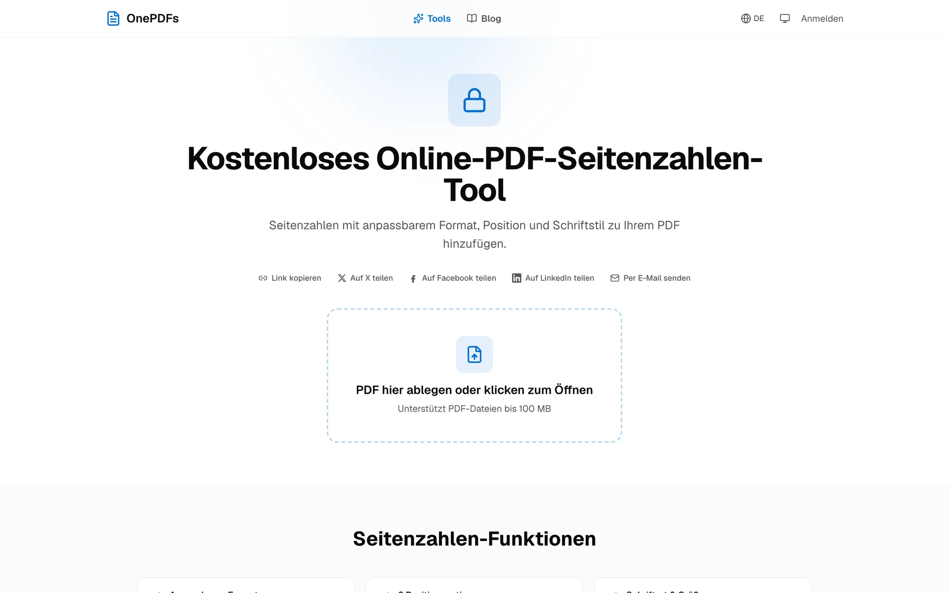 OnePDFs Werkzeug zum Einfügen von Seitenzahlen in PDFs