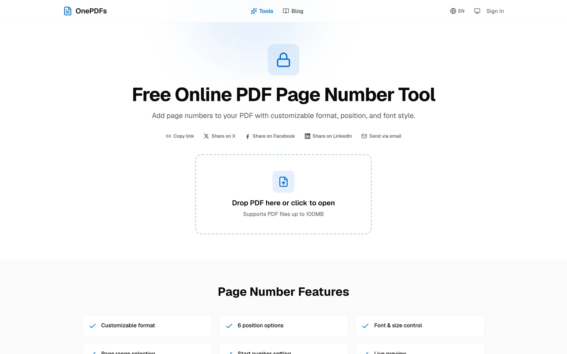 OnePDFs PDF page numbering tool upload page for adding page numbers online