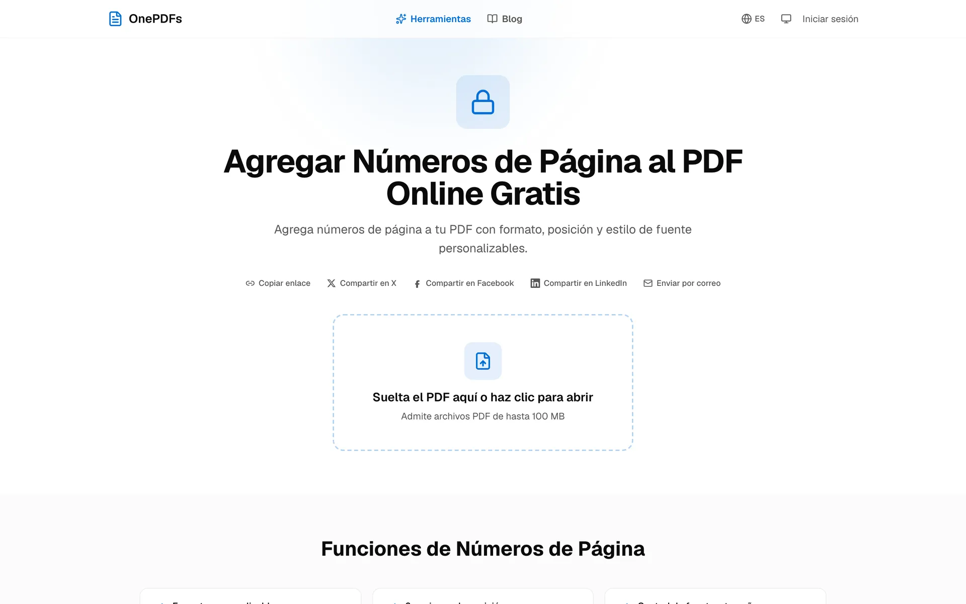 Herramienta de OnePDFs para añadir números de página a PDF online