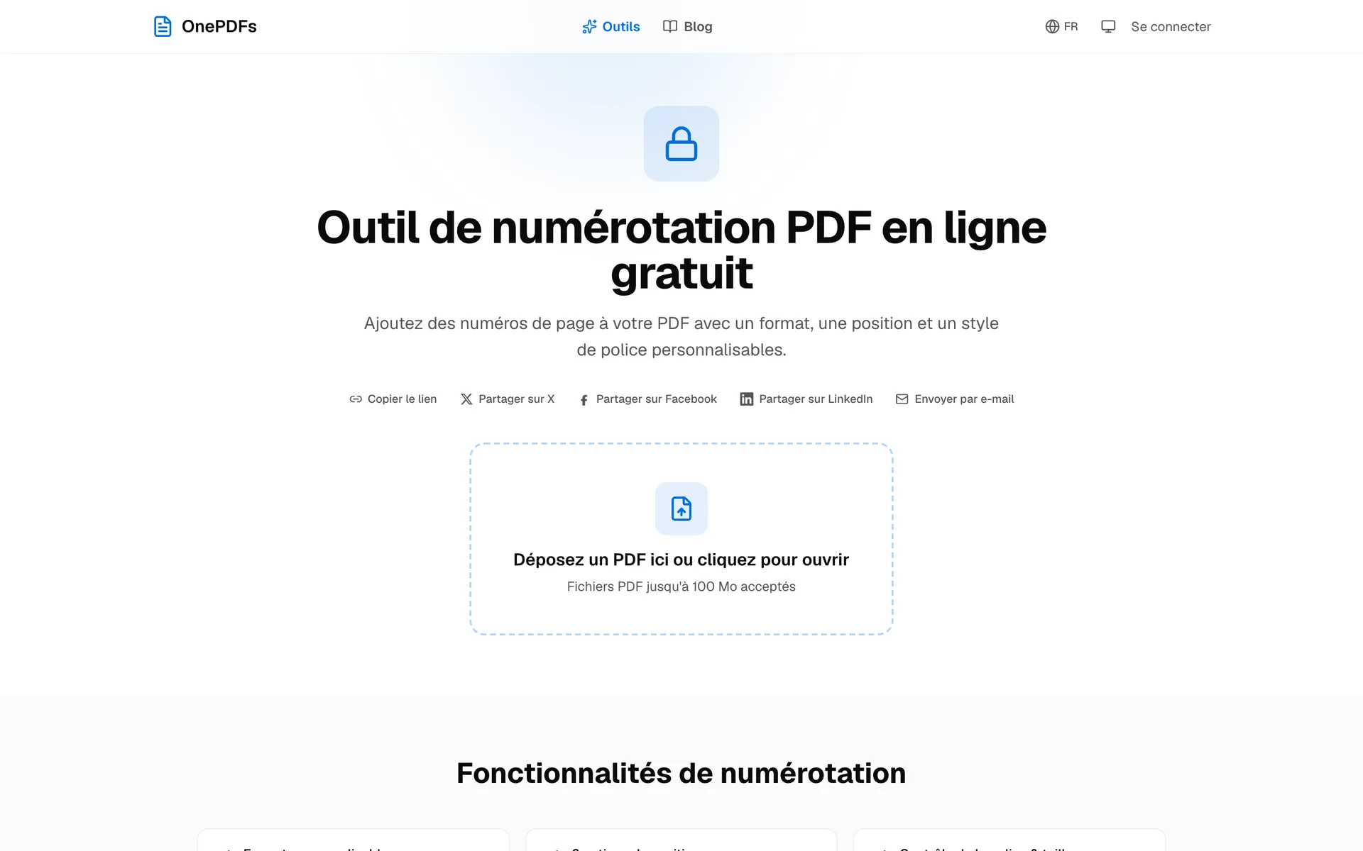 Outil OnePDFs pour ajouter des numéros de page à un PDF