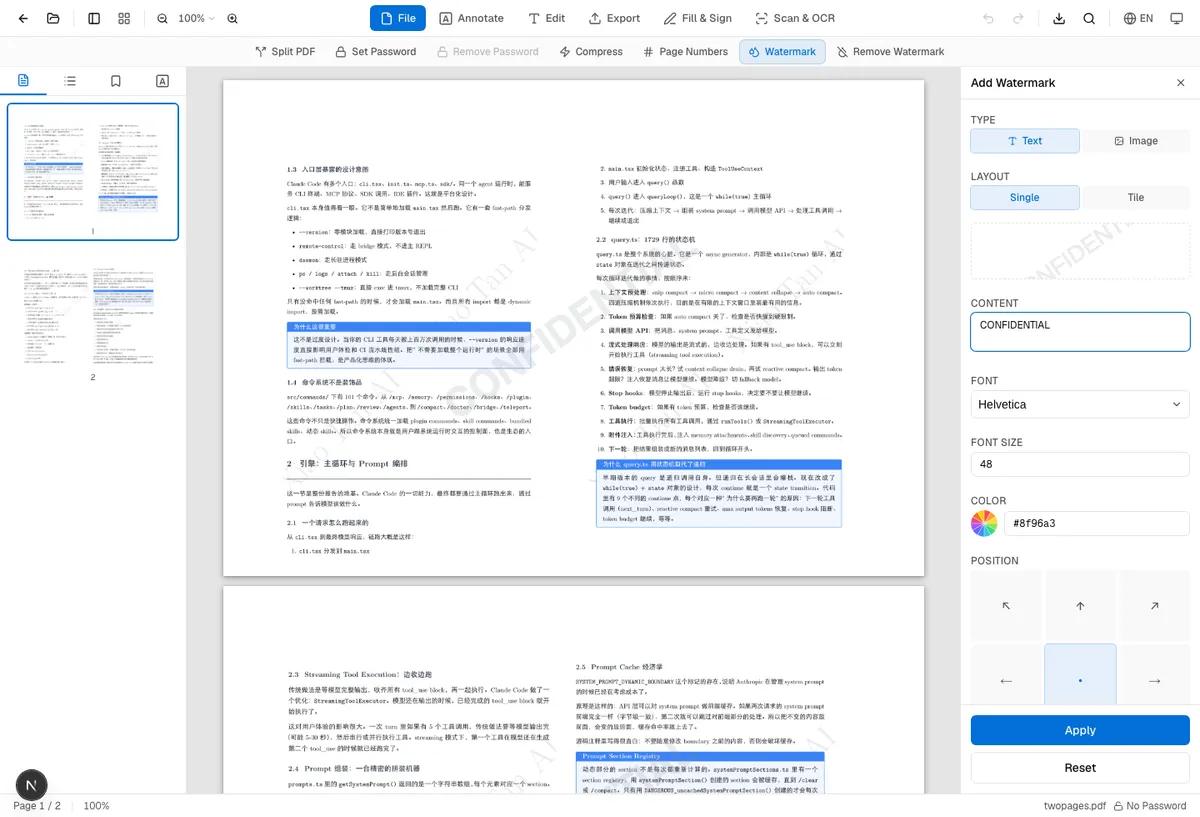 OnePDFs add watermark workflow: a real PDF preview on the left and text watermark settings for opacity, rotation, and position on the right