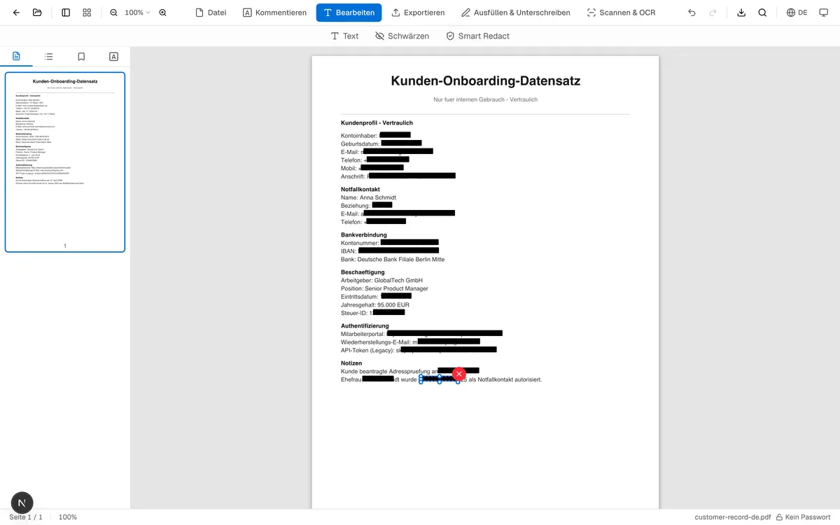Deutsches PDF nach Schwärzungen anwenden: deckende schwarze Rechtecke bedecken sichtbar Namen, E-Mails, Telefone, Adressen, IBANs und API-Tokens