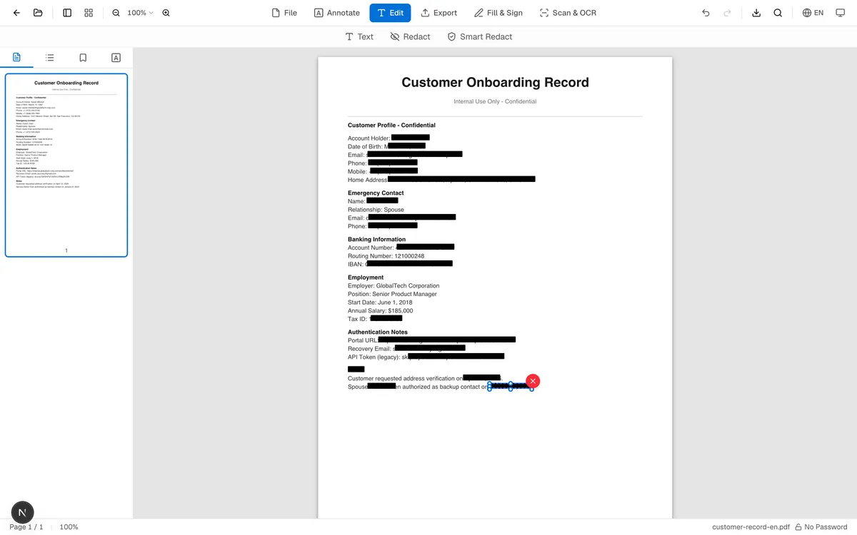 PDF after Apply Redactions with solid black rectangles visibly covering names, emails, phone numbers, addresses, and an API key