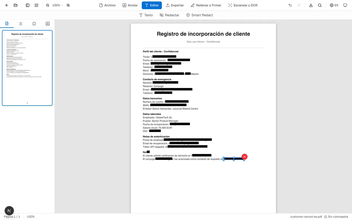 PDF español tras Aplicar redacciones con rectángulos negros opacos que cubren visualmente nombres, correos, teléfonos, direcciones, IBAN y tokens API