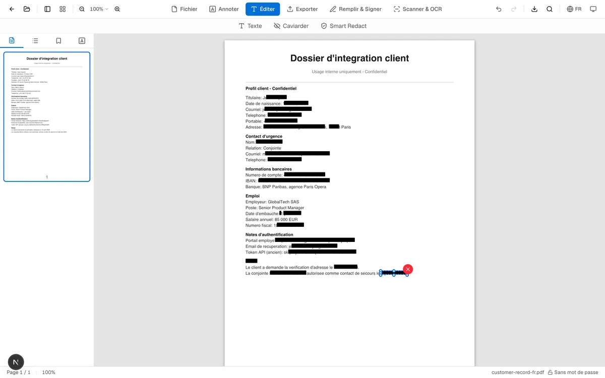PDF français après Appliquer les caviardages : des rectangles noirs opaques recouvrent visuellement noms, courriels, téléphones, adresses, IBAN et jetons API