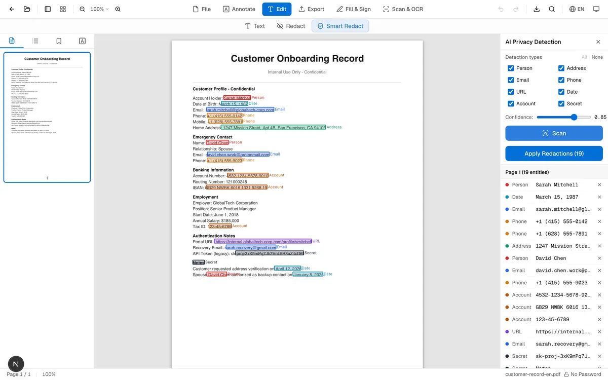 Detected PII highlighted on the PDF with the AI Privacy Detection panel listing 19 entities including names, emails, phone numbers, addresses, and account numbers