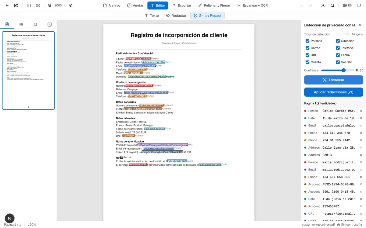 PDF de cliente en español con datos personales resaltados — nombres, correos, teléfonos +34, dirección de Madrid e IBAN — el panel lateral muestra las entidades clasificadas