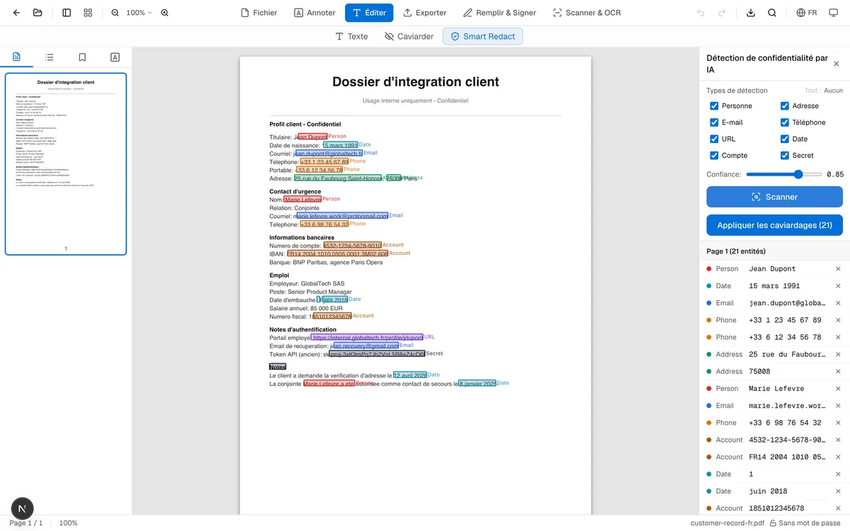 PDF client en français avec données personnelles surlignées — noms, courriels, téléphones +33, adresse parisienne et IBAN — le panneau latéral liste les entités classées