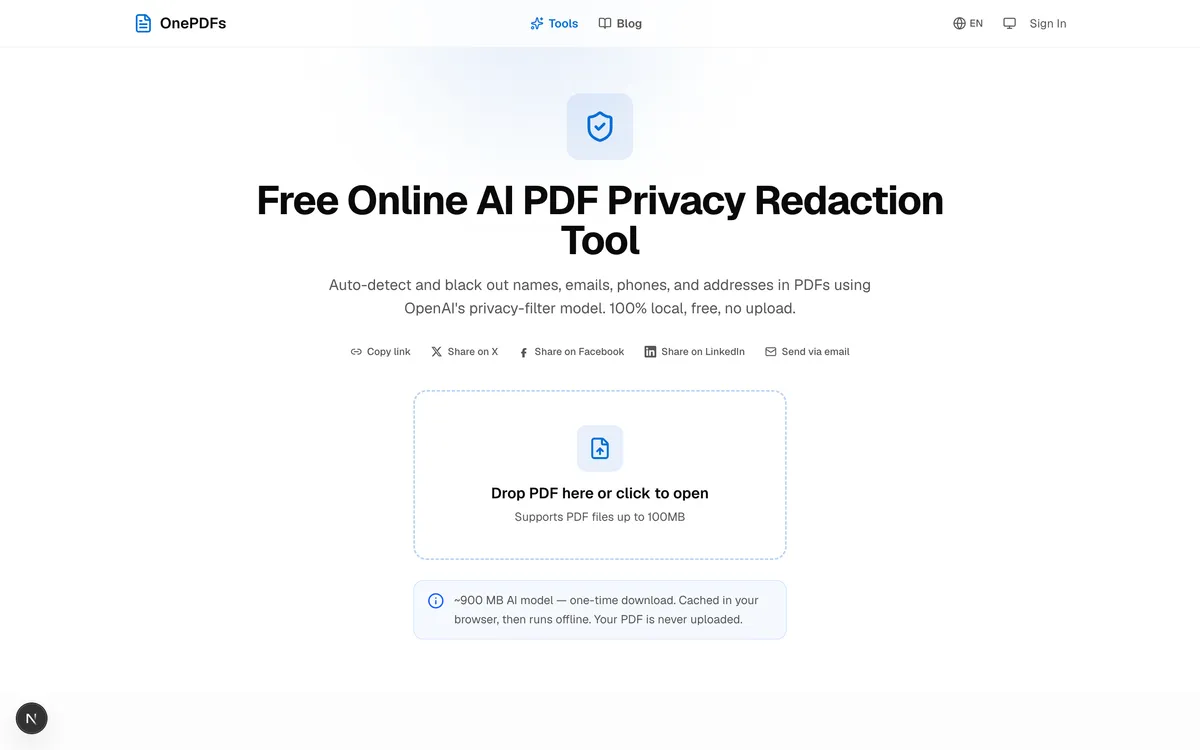 Smart Redact landing page with the upload dropzone and the approximately 900 MB model download notice