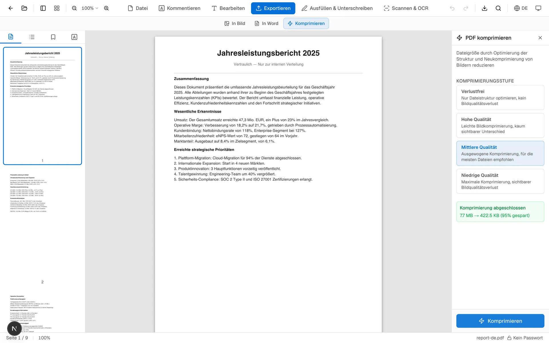Komprimierungs-Panel in OnePDFs mit Stufen-Auswahl und Vorschau der geschätzten Größenreduktion