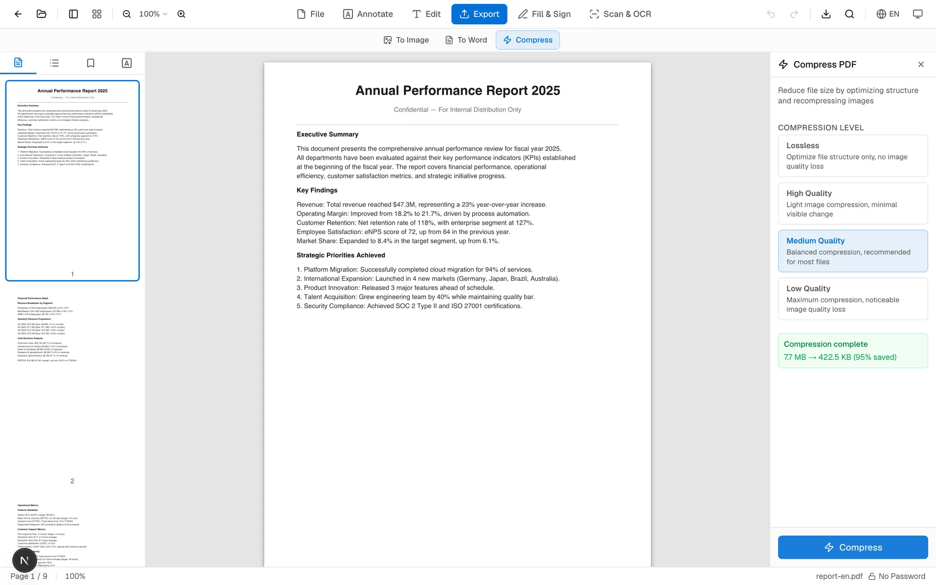 OnePDFs compress tool interface showing compression level options and PDF preview