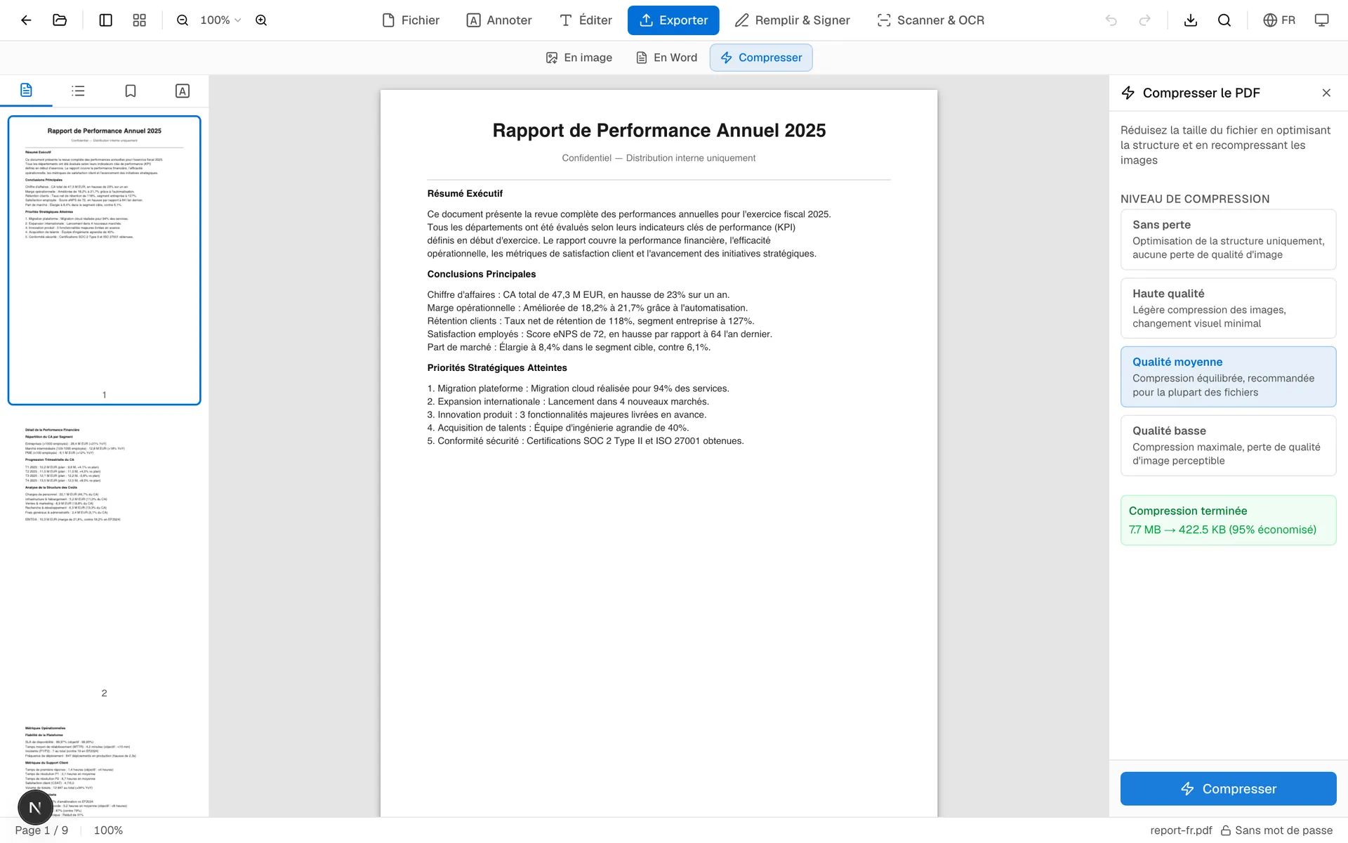 Panneau de compression OnePDFs avec sélection du niveau et aperçu de la réduction estimée