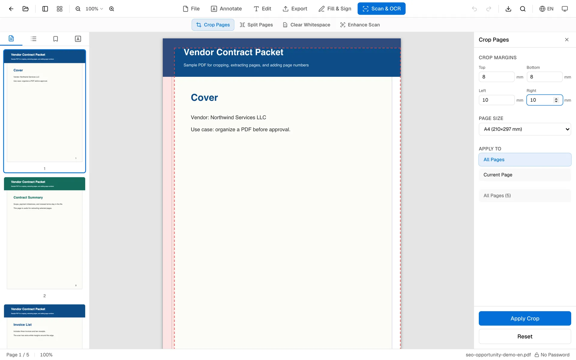 OnePDFs crop panel showing margin controls and PDF page preview