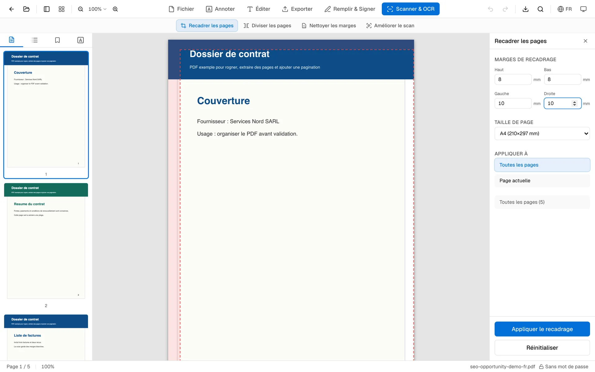 Panneau de rognage OnePDFs avec réglages de marges et aperçu du PDF