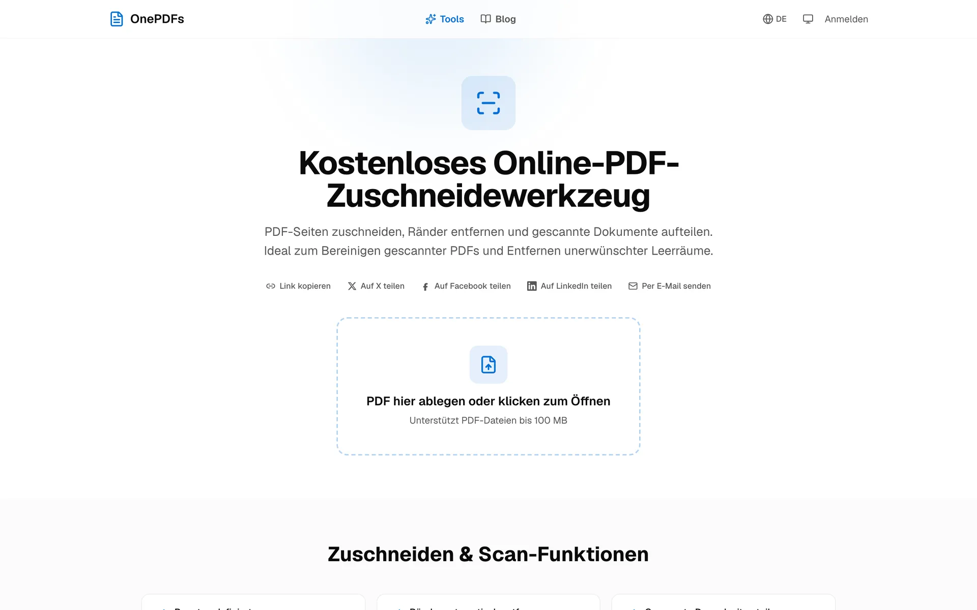 OnePDFs PDF-Zuschneiden Werkzeug mit vollständiger Upload-Ansicht zum Entfernen von Rändern