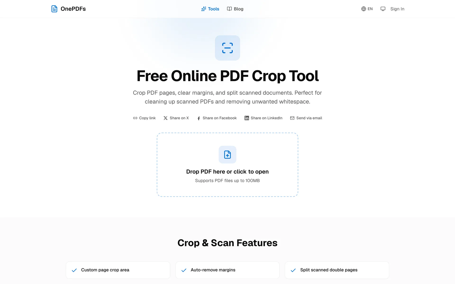 OnePDFs PDF crop upload page with a full tool view for trimming PDF margins