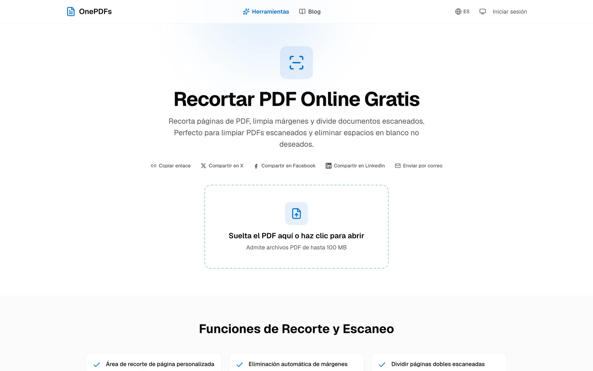 Pantalla completa de OnePDFs para recortar PDF y eliminar márgenes de páginas escaneadas