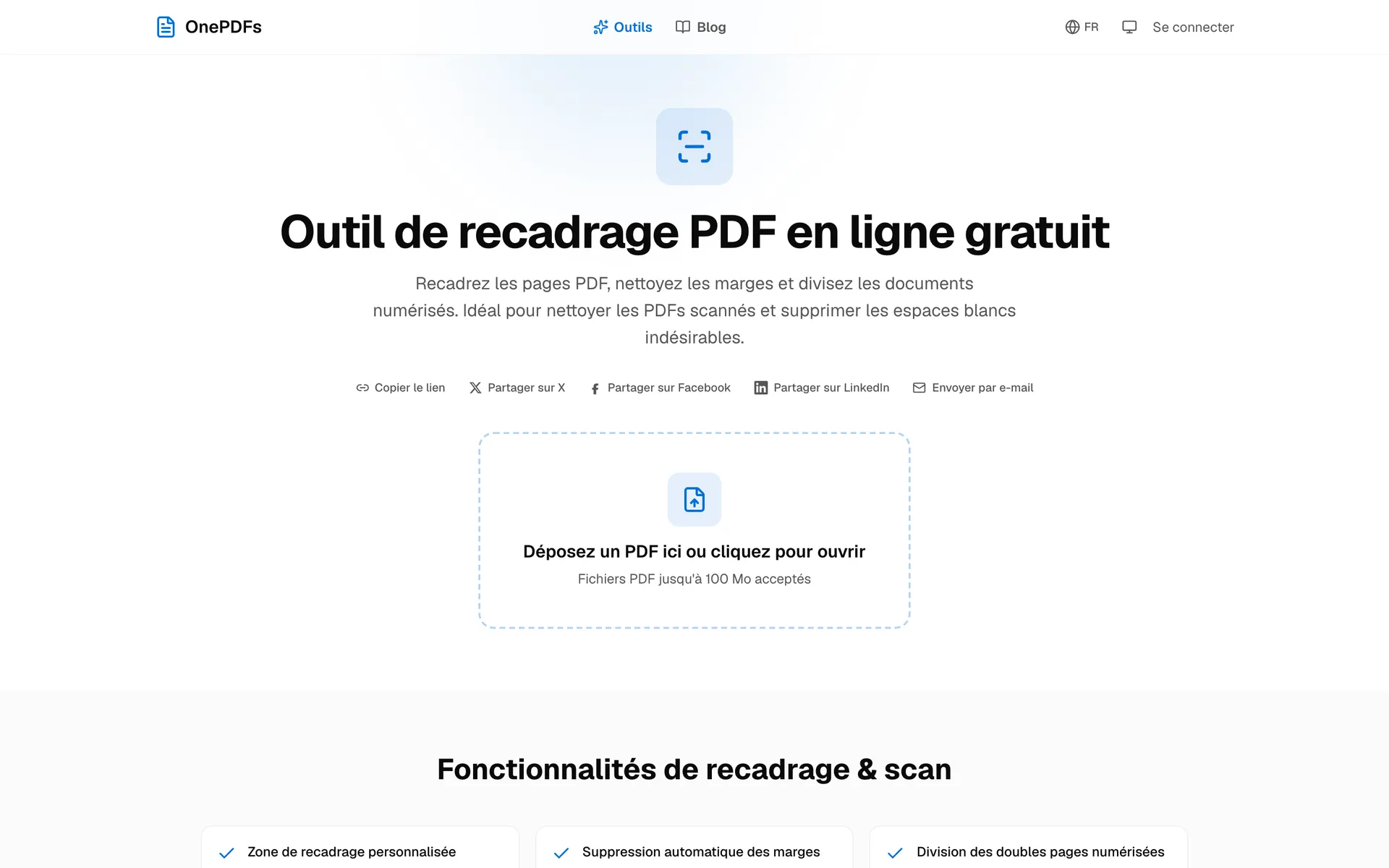 Vue complète de l'outil OnePDFs pour rogner un PDF et retirer les marges