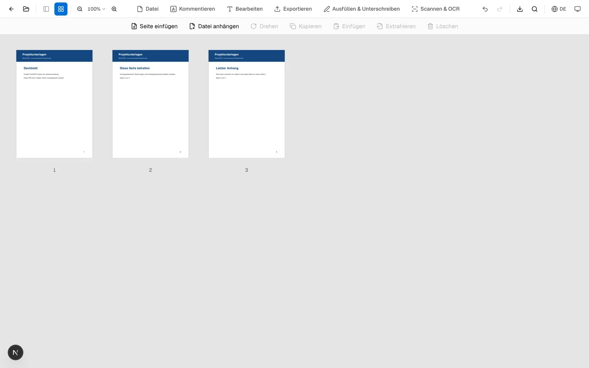 OnePDFs Seitenraster nach dem Entfernen einer unerwünschten PDF Seite
