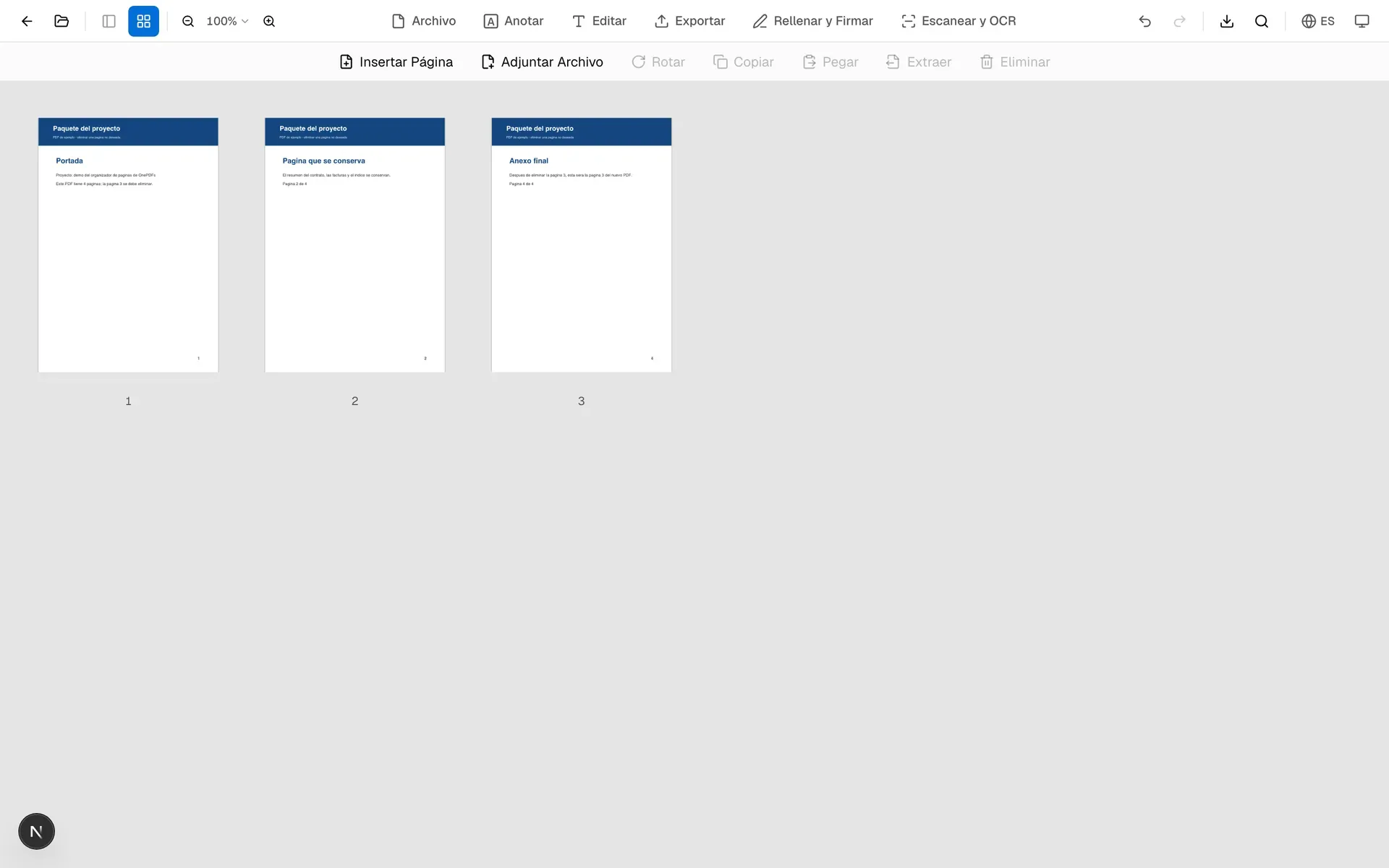 Cuadrícula de OnePDFs después de quitar una página de un PDF