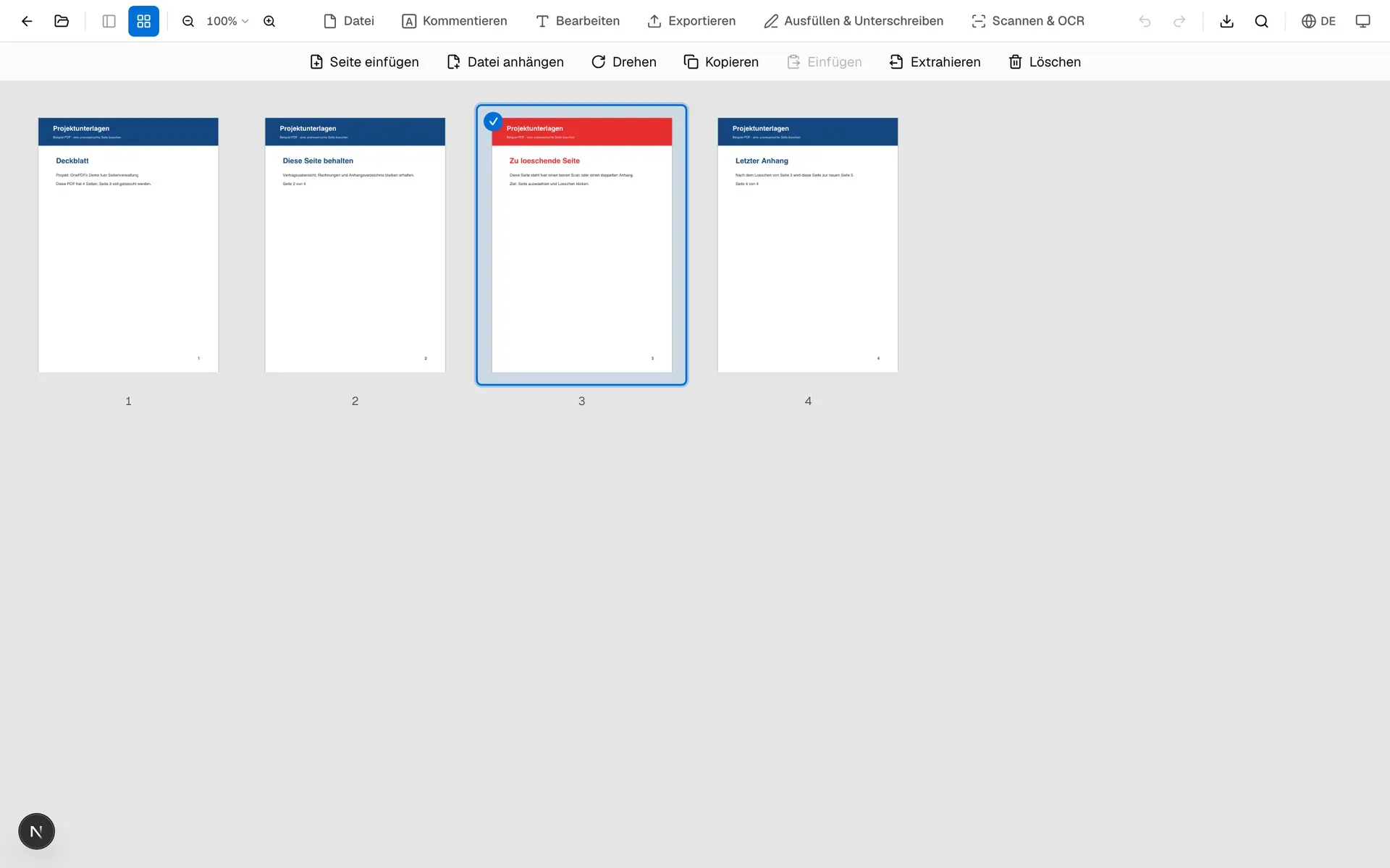 OnePDFs Seitenraster mit ausgewählter Seite 3 vor dem Löschen einer PDF Seite
