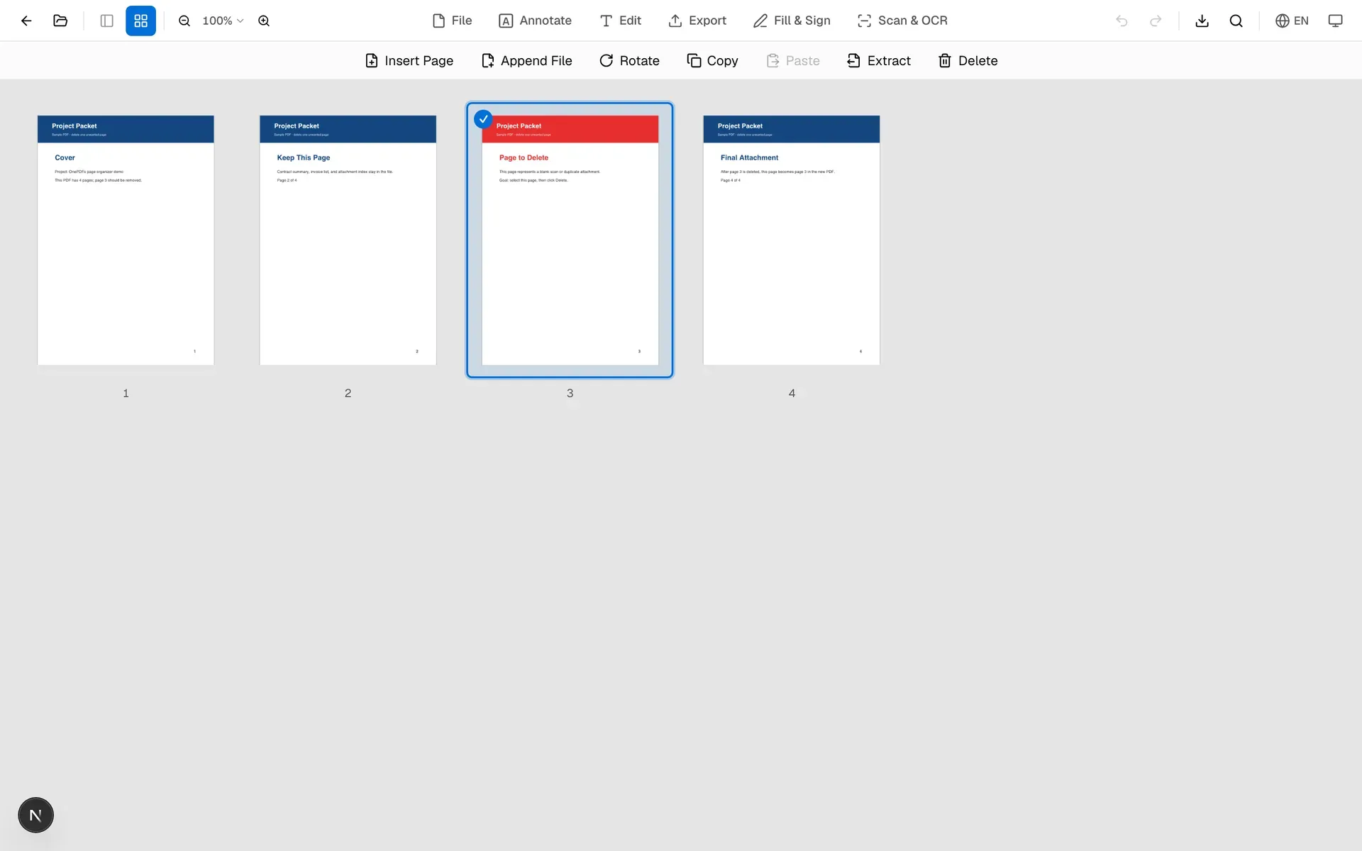OnePDFs page grid with page 3 selected before deleting a PDF page