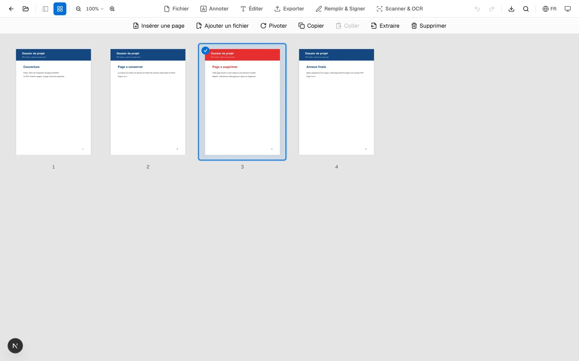Grille OnePDFs avec la page 3 sélectionnée avant suppression d'une page PDF