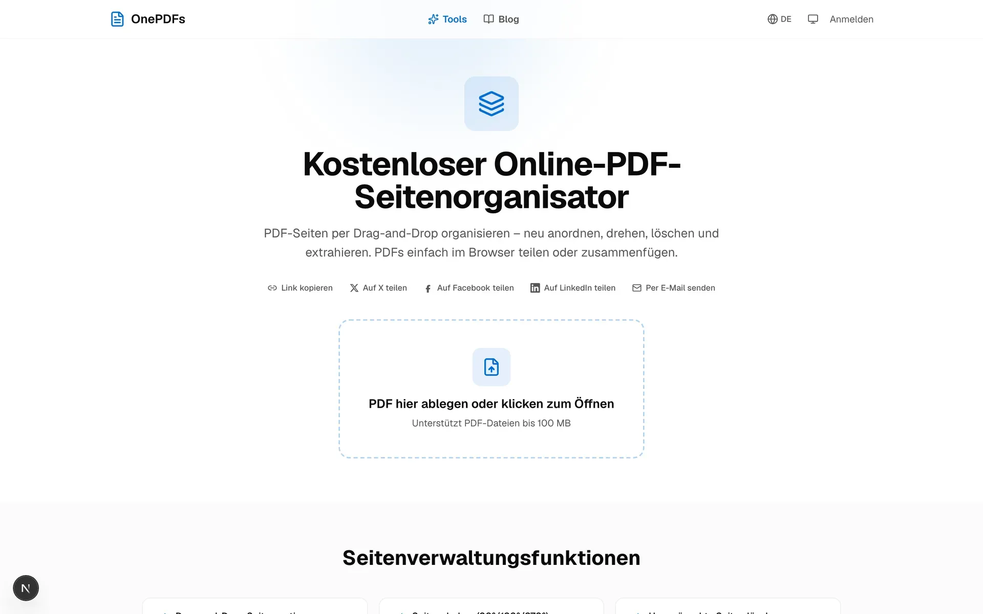 Upload-Bereich von OnePDFs zum kostenlosen Löschen von PDF Seiten