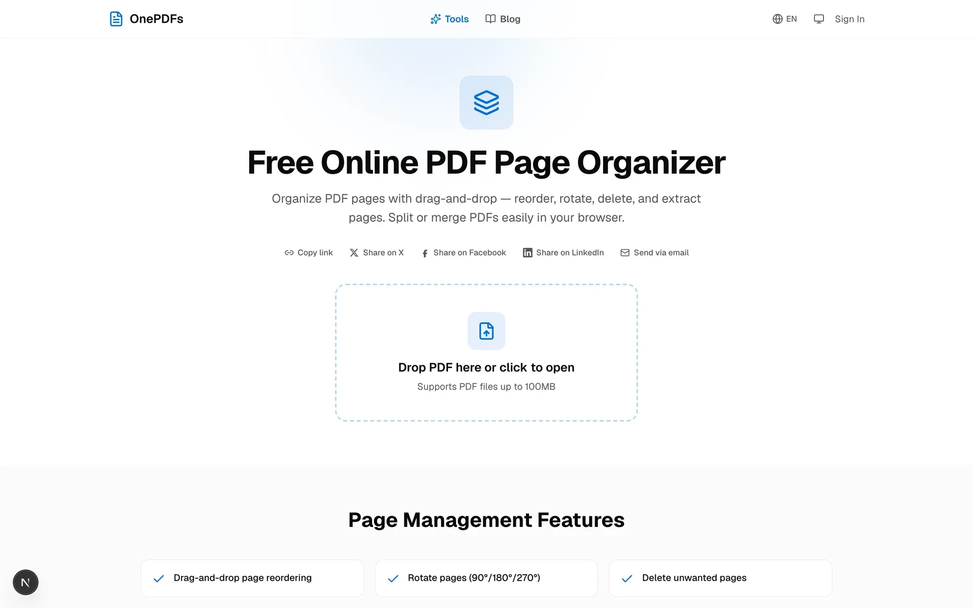 OnePDFs PDF organizer upload area for deleting pages from a PDF