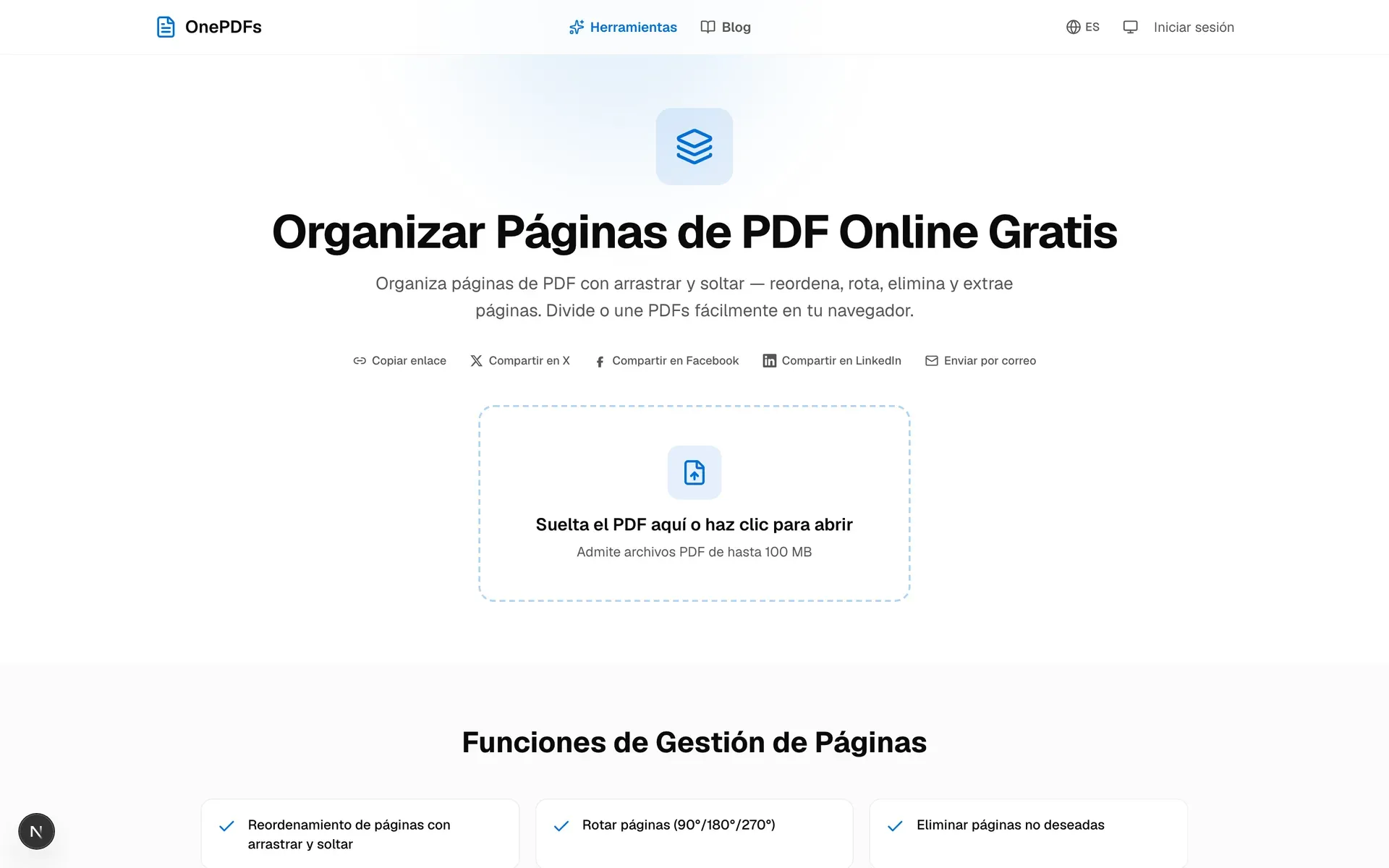 Área de subida de OnePDFs para eliminar páginas de PDF online