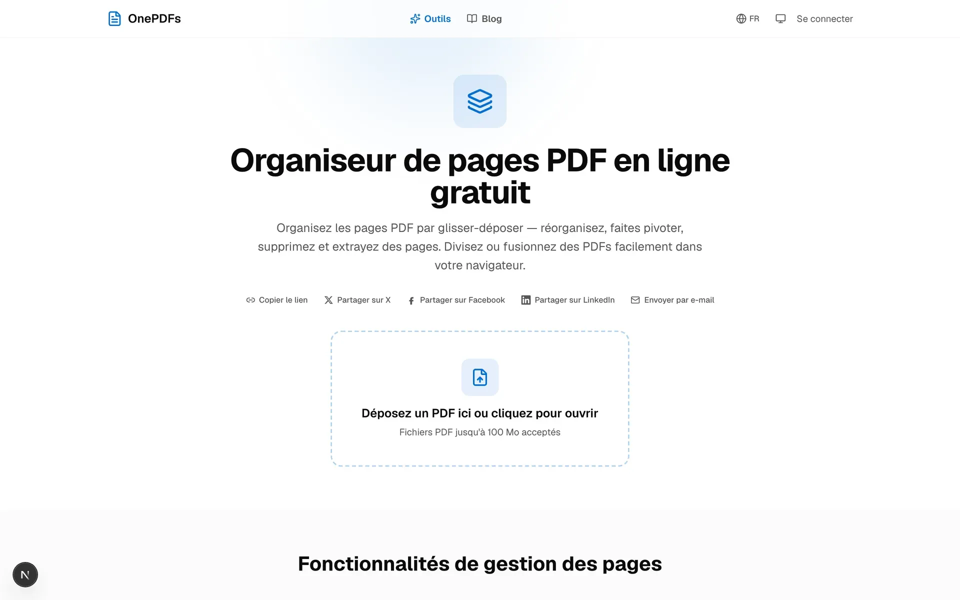 Zone de dépôt OnePDFs pour supprimer des pages PDF en ligne