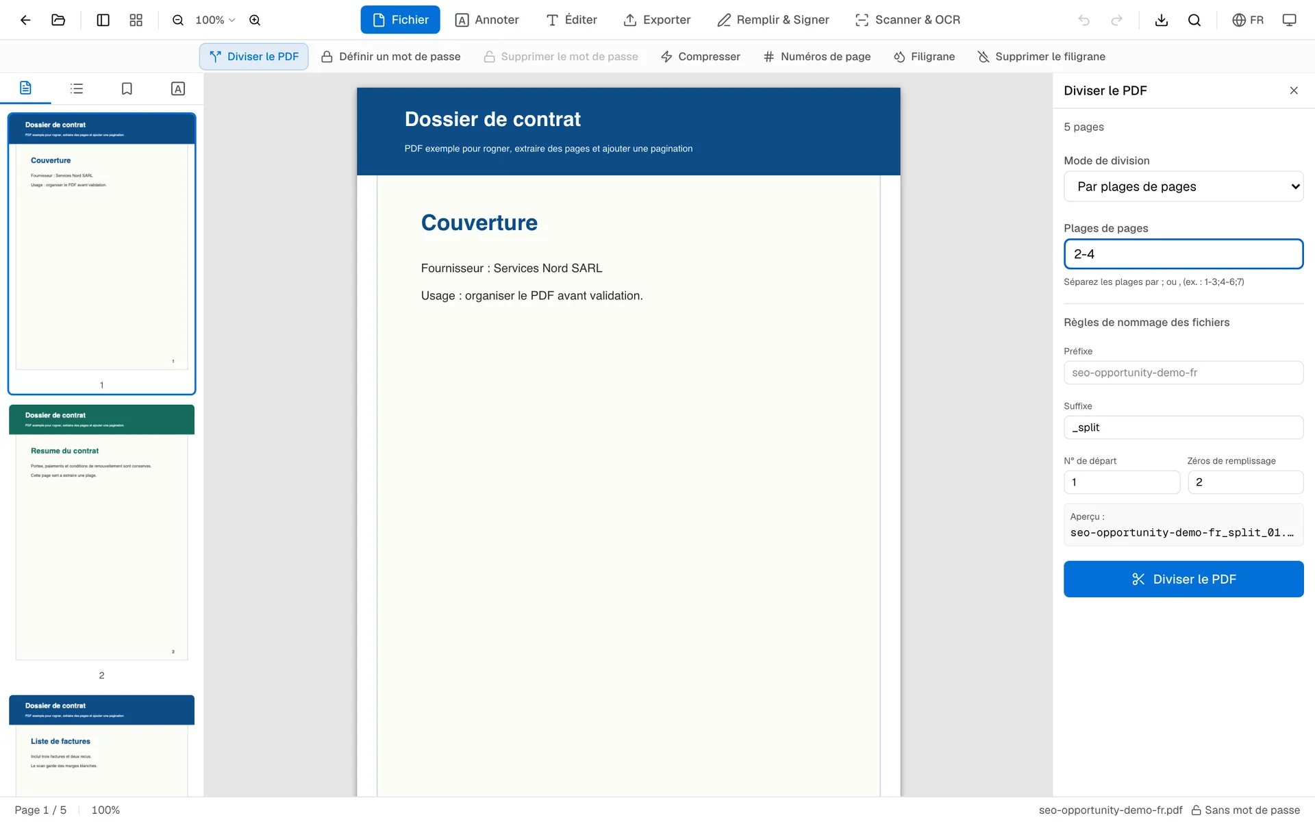 Panneau OnePDFs configuré pour extraire une plage de pages d'un PDF