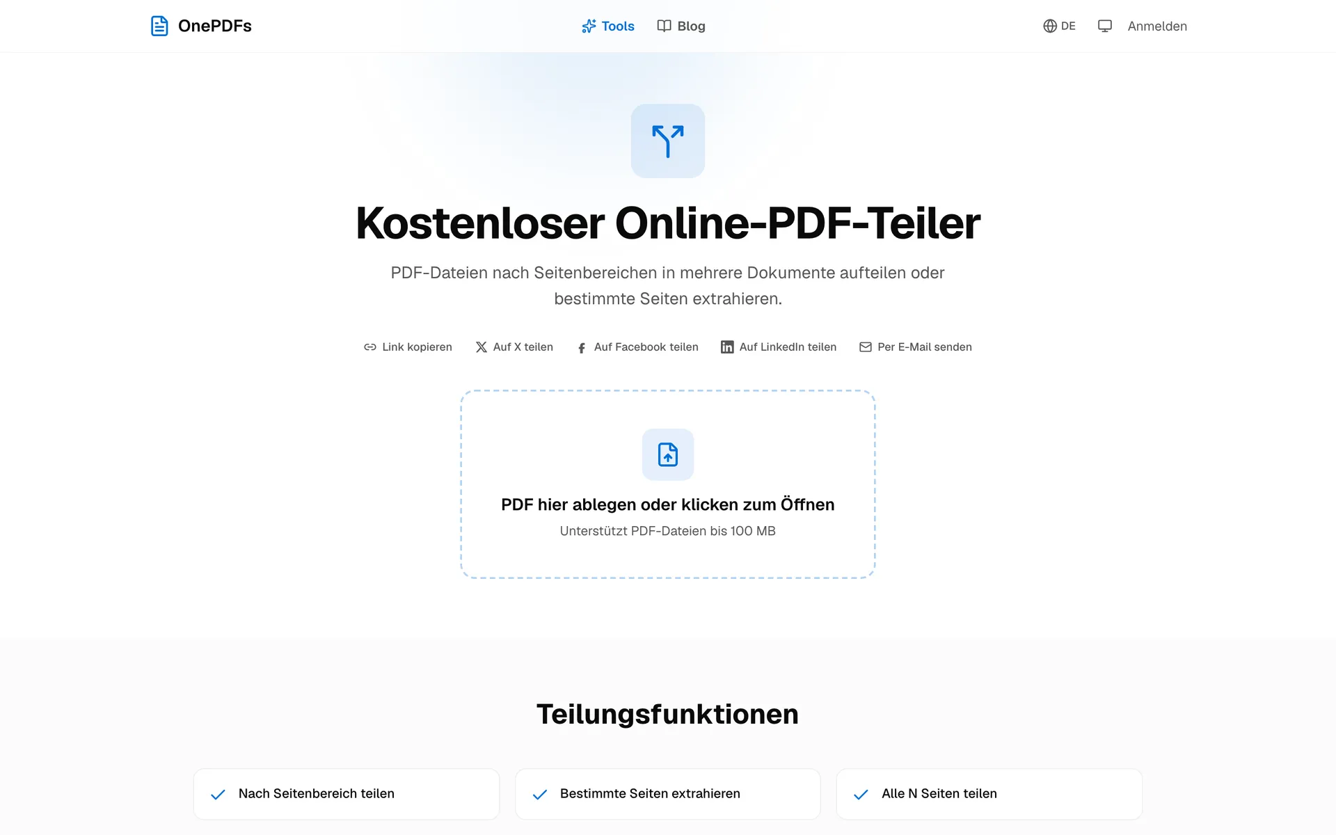 OnePDFs PDF-teilen Werkzeug zum Extrahieren ausgewählter PDF-Seiten