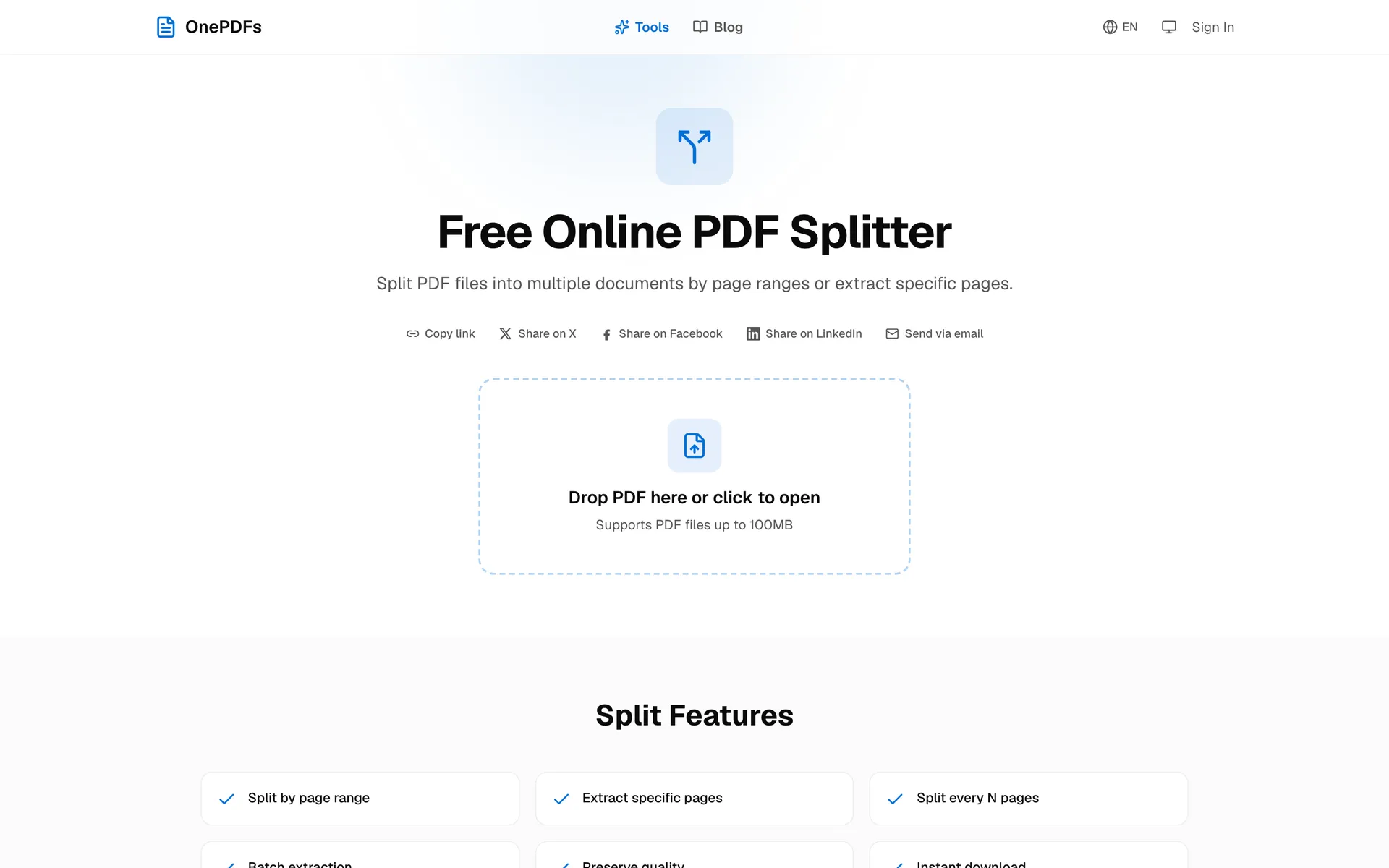 OnePDFs Split PDF upload page for extracting selected pages from a PDF
