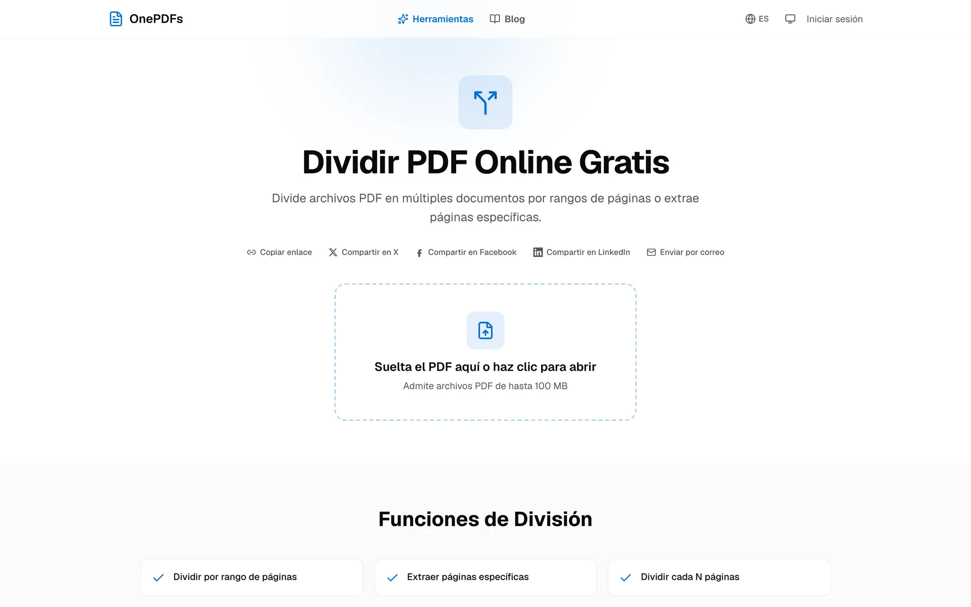 Pantalla de OnePDFs para dividir PDF y extraer páginas seleccionadas