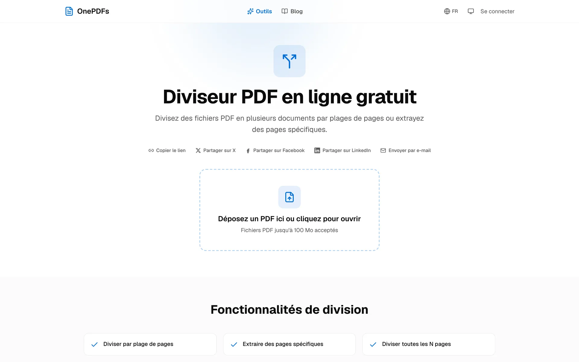 Outil OnePDFs Diviser PDF pour extraire des pages sélectionnées