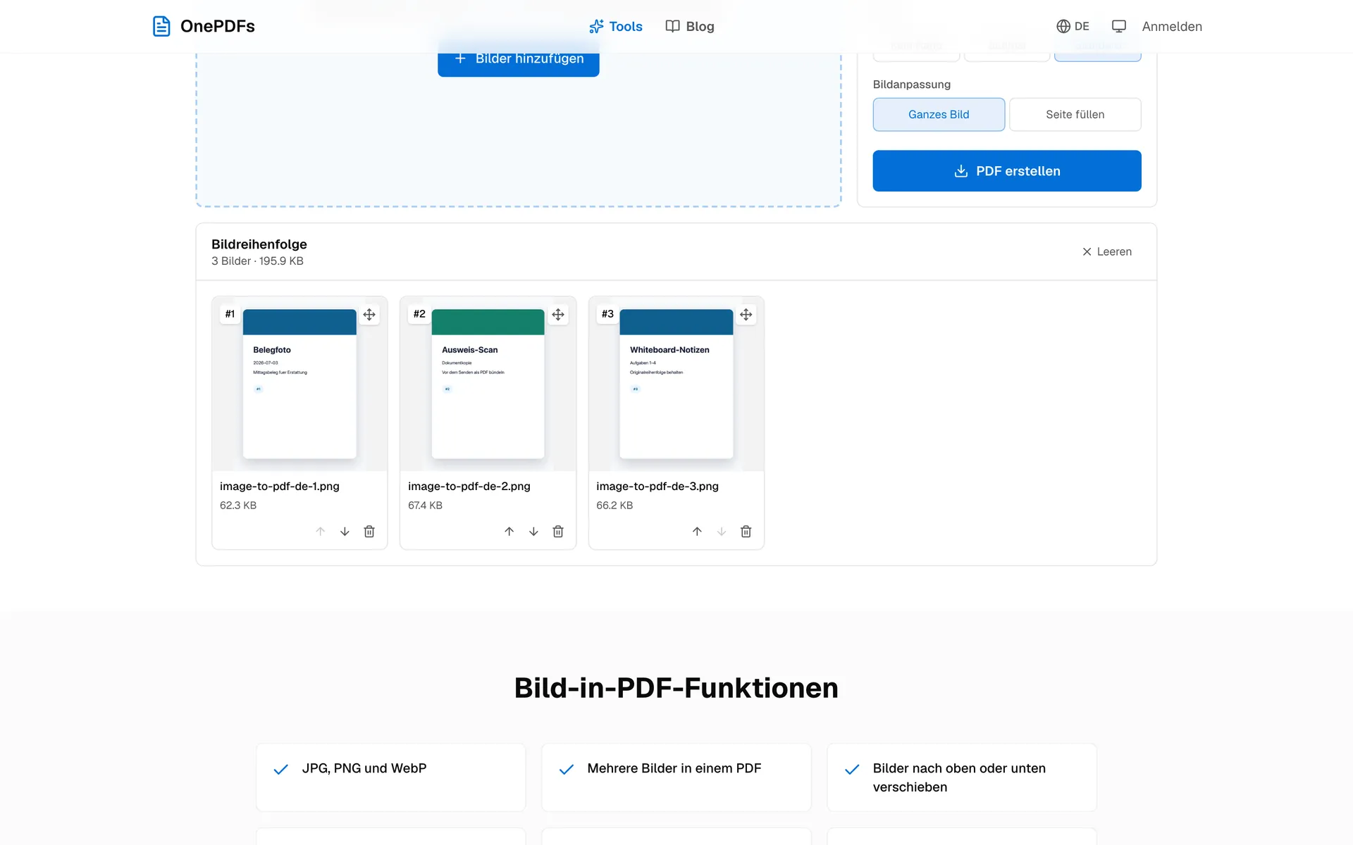 OnePDFs Bild-zu-PDF-Warteschlange mit Bildreihenfolge und Seiteneinstellungen