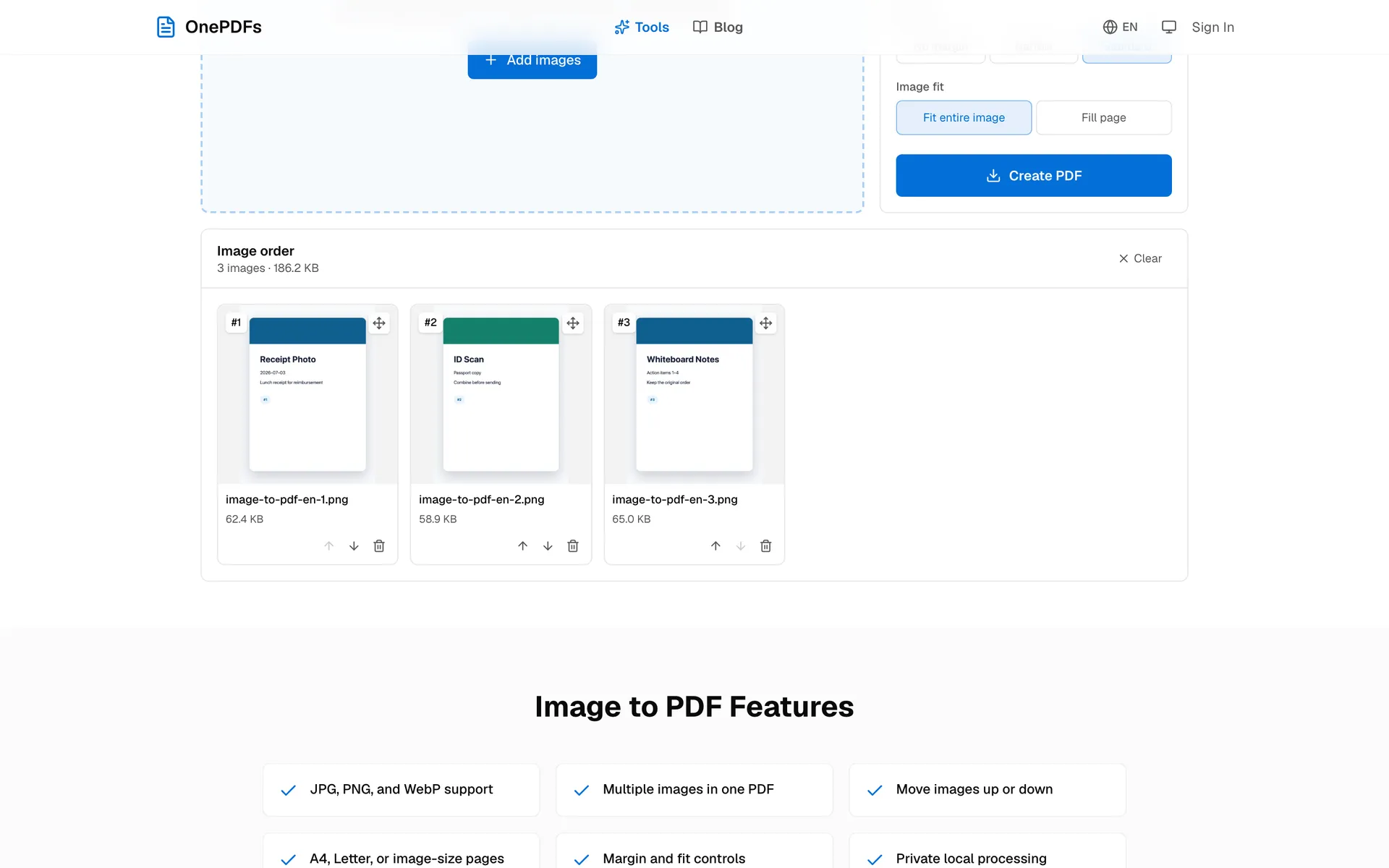 OnePDFs Image to PDF queue showing ordered images and PDF page settings