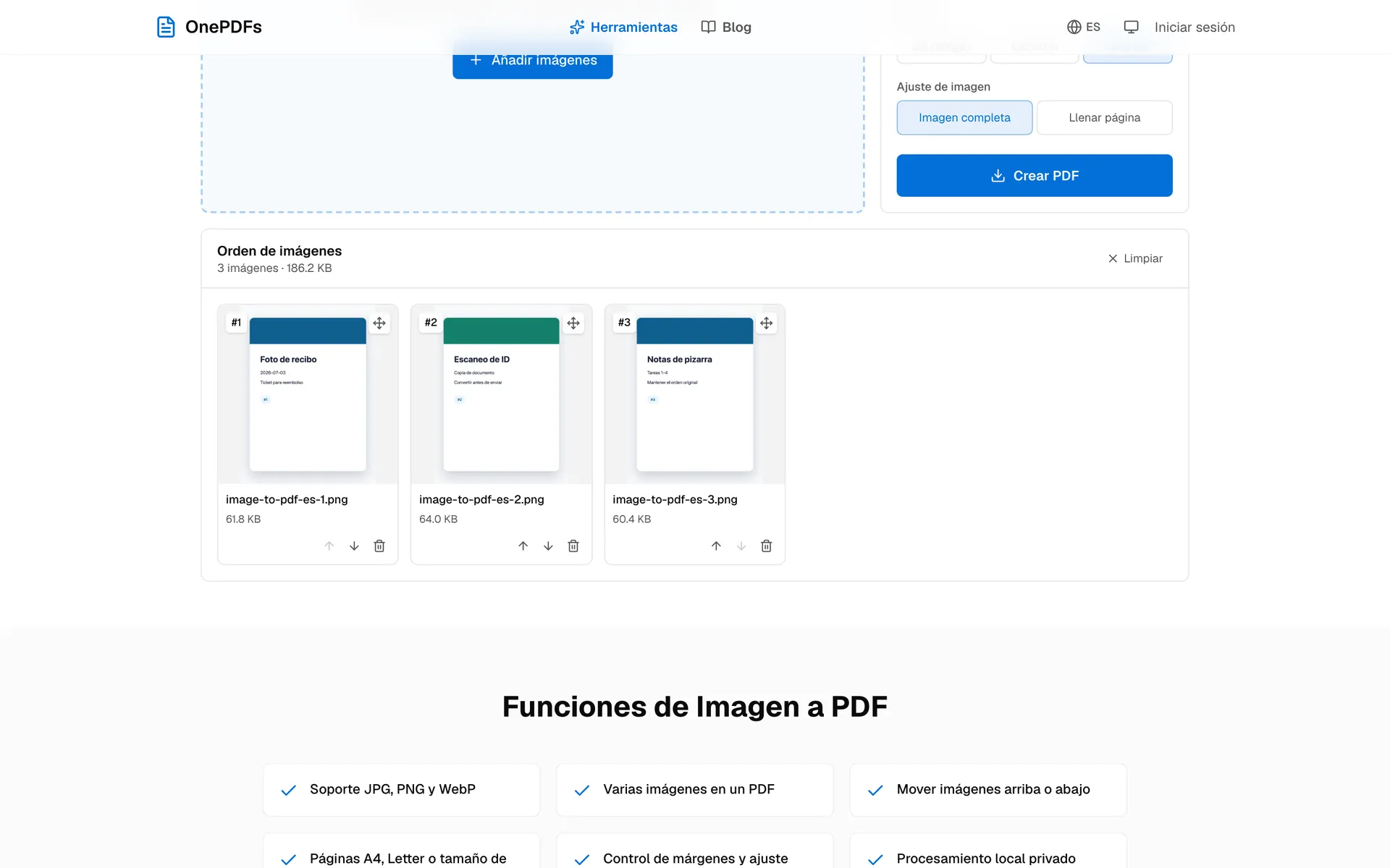 Cola de OnePDFs con imágenes ordenadas y ajustes de página para PDF