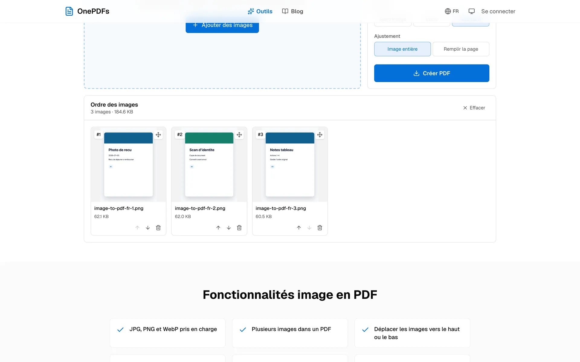 File d'images OnePDFs avec ordre des pages et réglages de conversion PDF