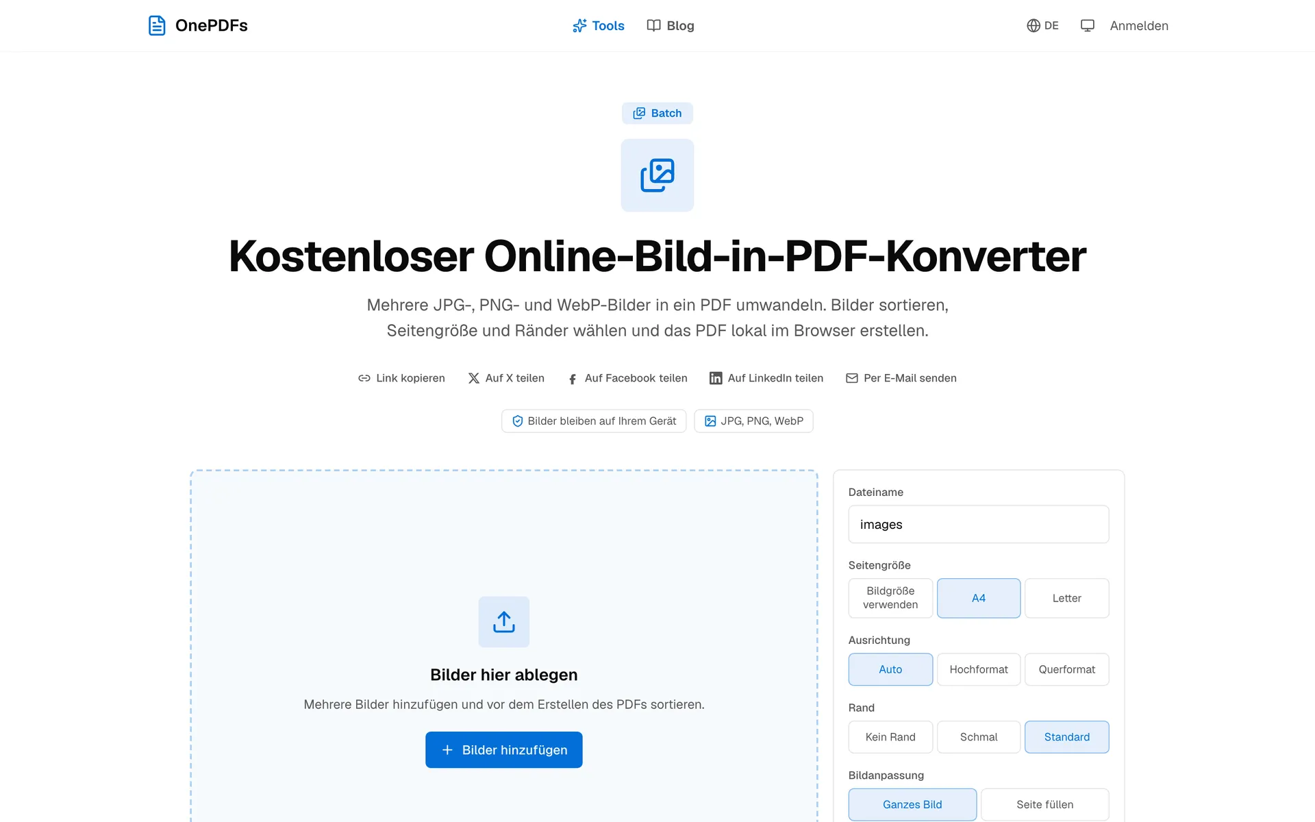 OnePDFs Bild-zu-PDF-Seite zum Umwandeln von JPG und PNG in eine PDF