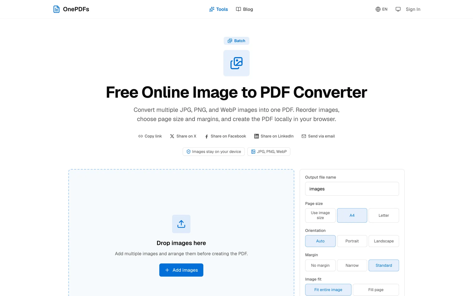 OnePDFs Image to PDF page for converting JPG and PNG files into one PDF