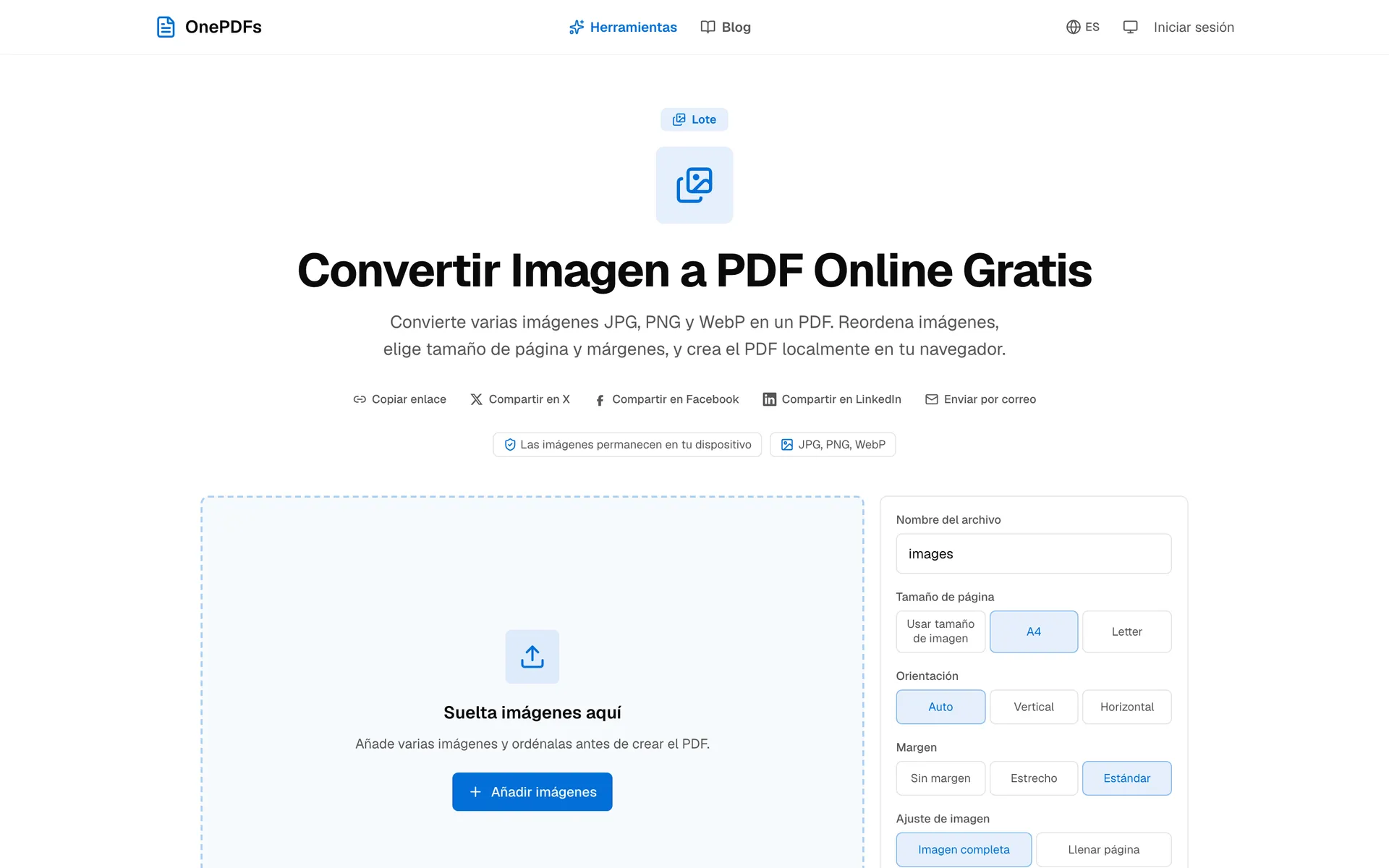 Página de OnePDFs para convertir imágenes JPG y PNG en PDF