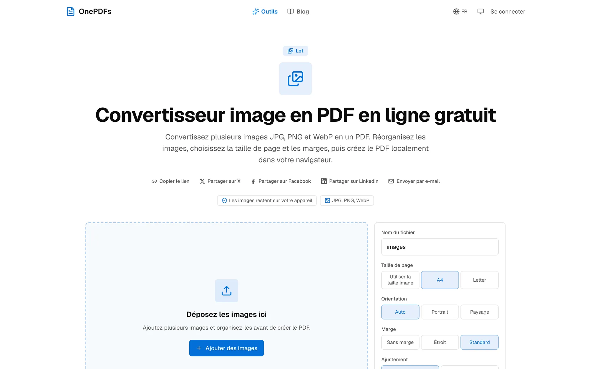 Page OnePDFs pour convertir des images JPG et PNG en PDF