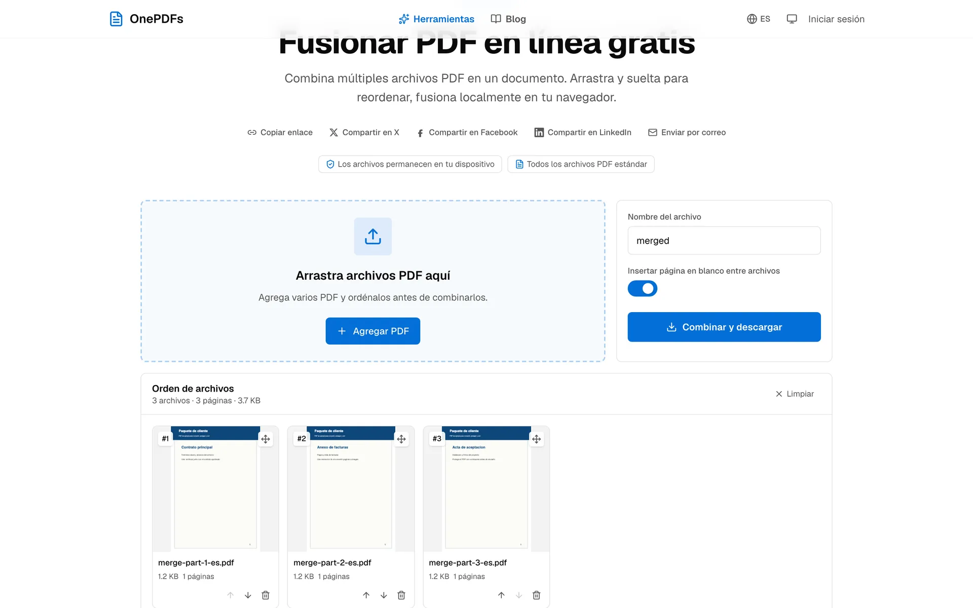 Cola de OnePDFs para unir PDF con orden de archivos y separadores opcionales