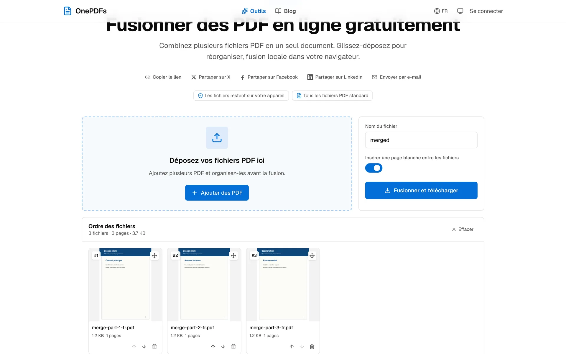 File OnePDFs de fusion PDF avec ordre des fichiers et séparateurs optionnels