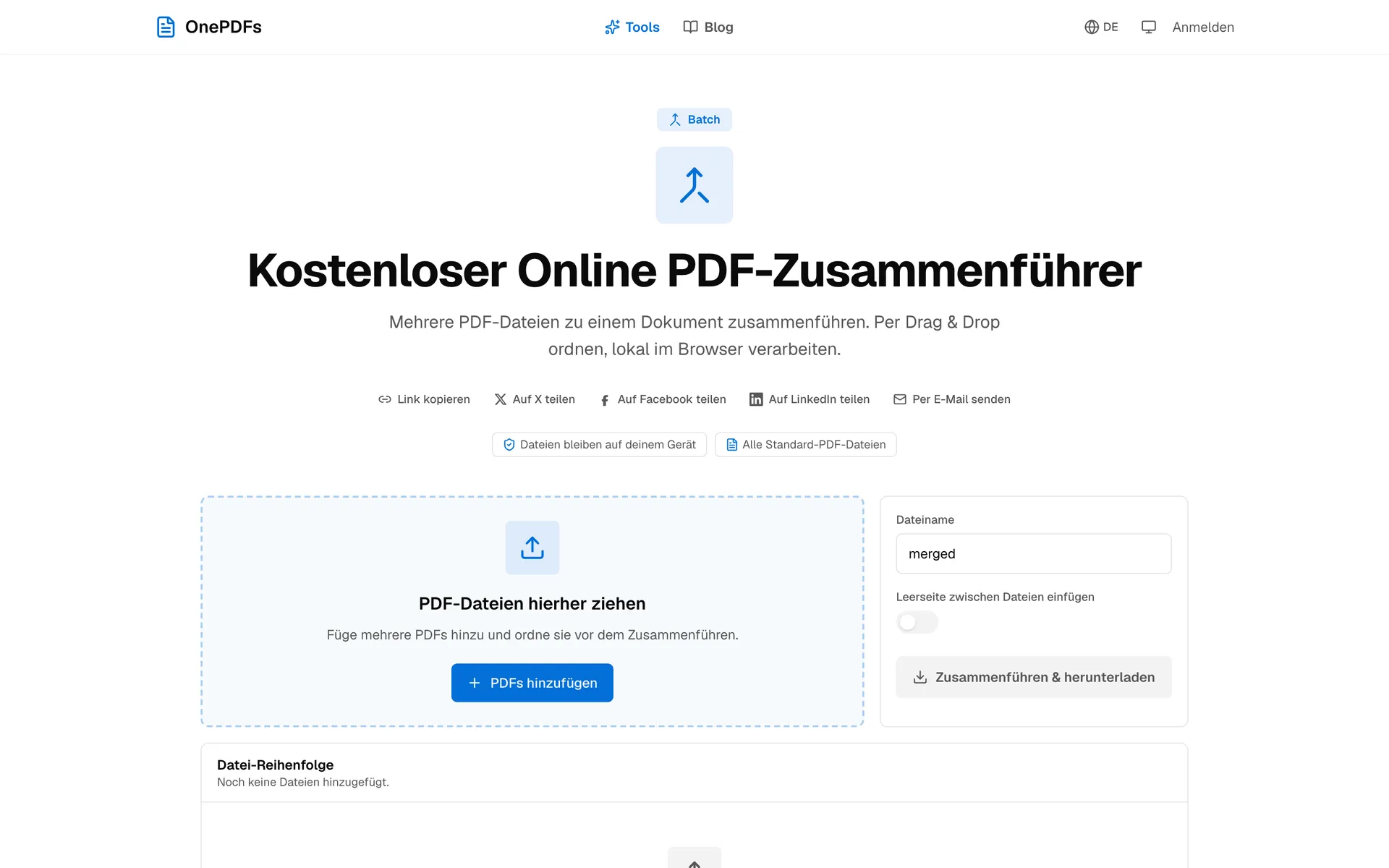 OnePDFs Seite zum Zusammenfügen mehrerer PDF-Dateien