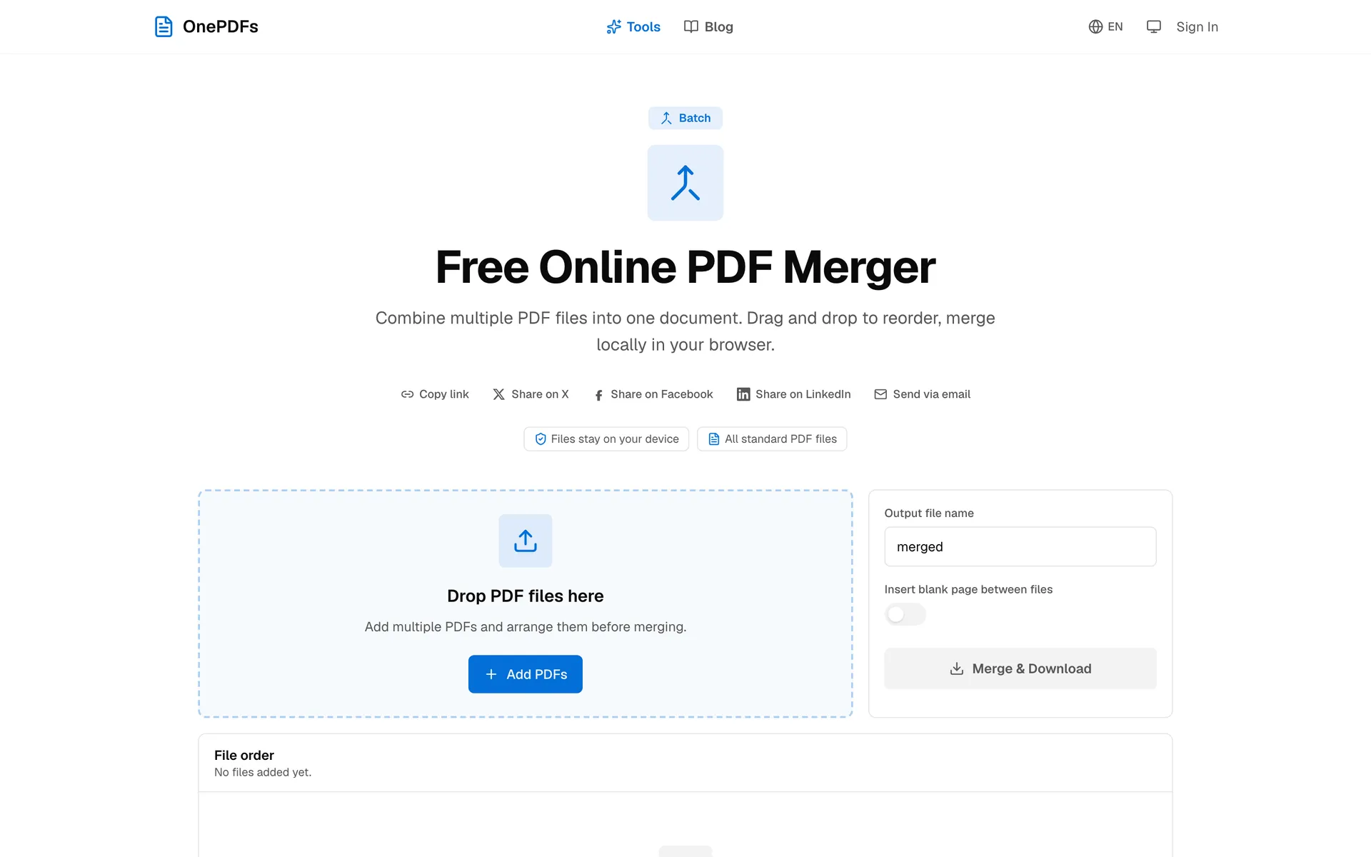 OnePDFs Merge PDF upload page for combining multiple PDF files